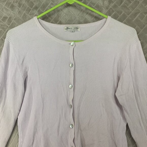 Jessica Ash Womens L Top White Cardigan Mother of Pearl Buttons Rib Knit Fitted - Picture 2 of 16